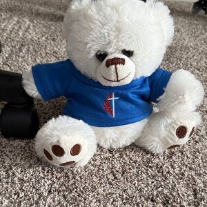 United Methodist Church UMC Fluffy White Teddy Bear with Blue Shirt